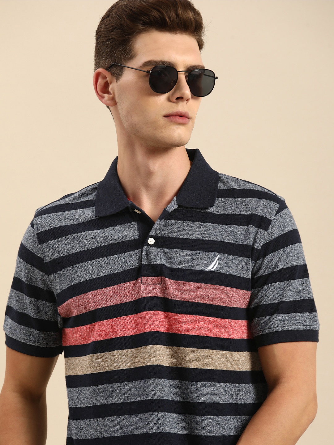 

Nautica Men Navy Blue & Red Striped Polo Collar Pure Cotton T-shirt