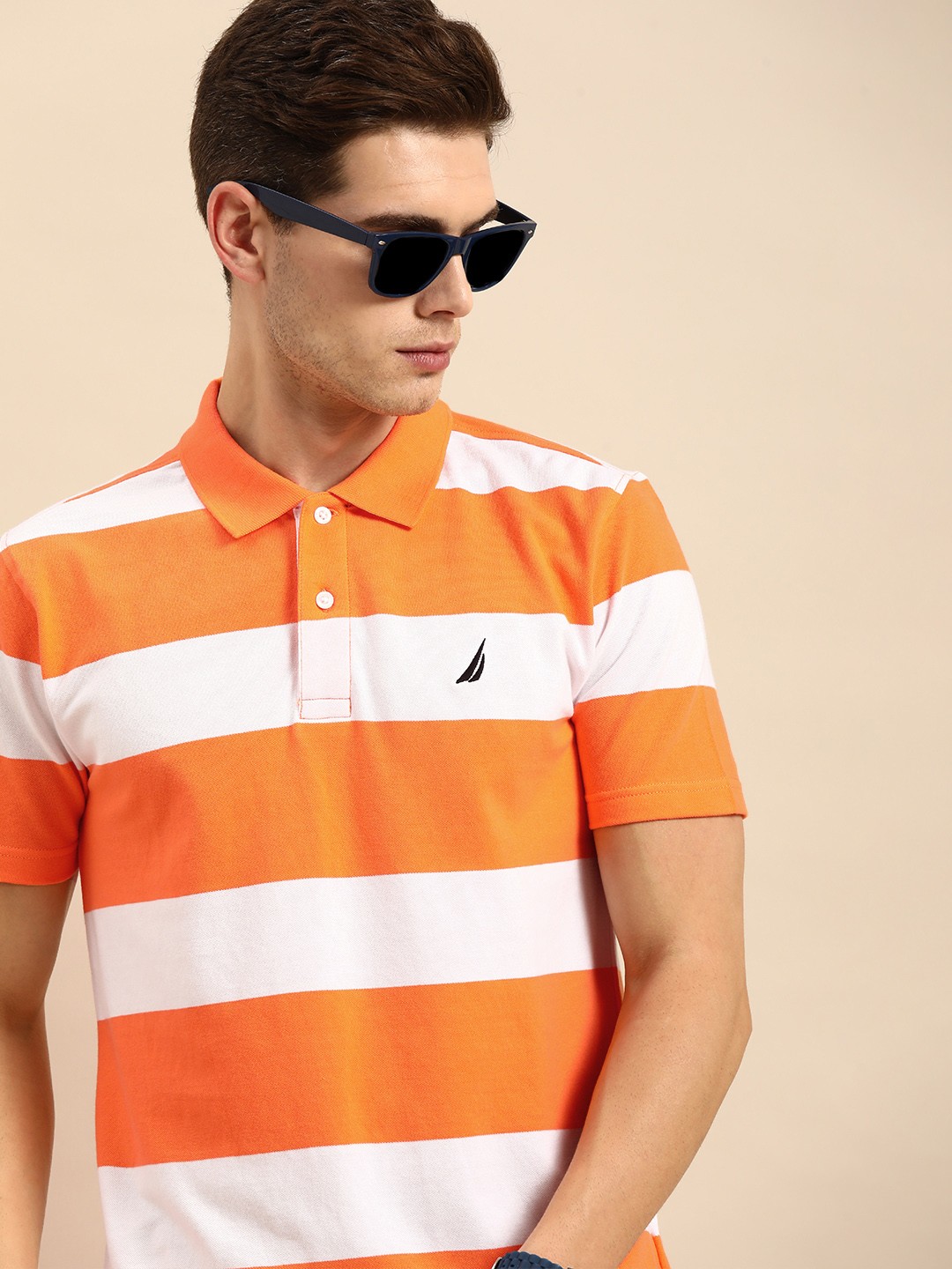 

Nautica Men Orange & White Striped Polo Collar T-shirt