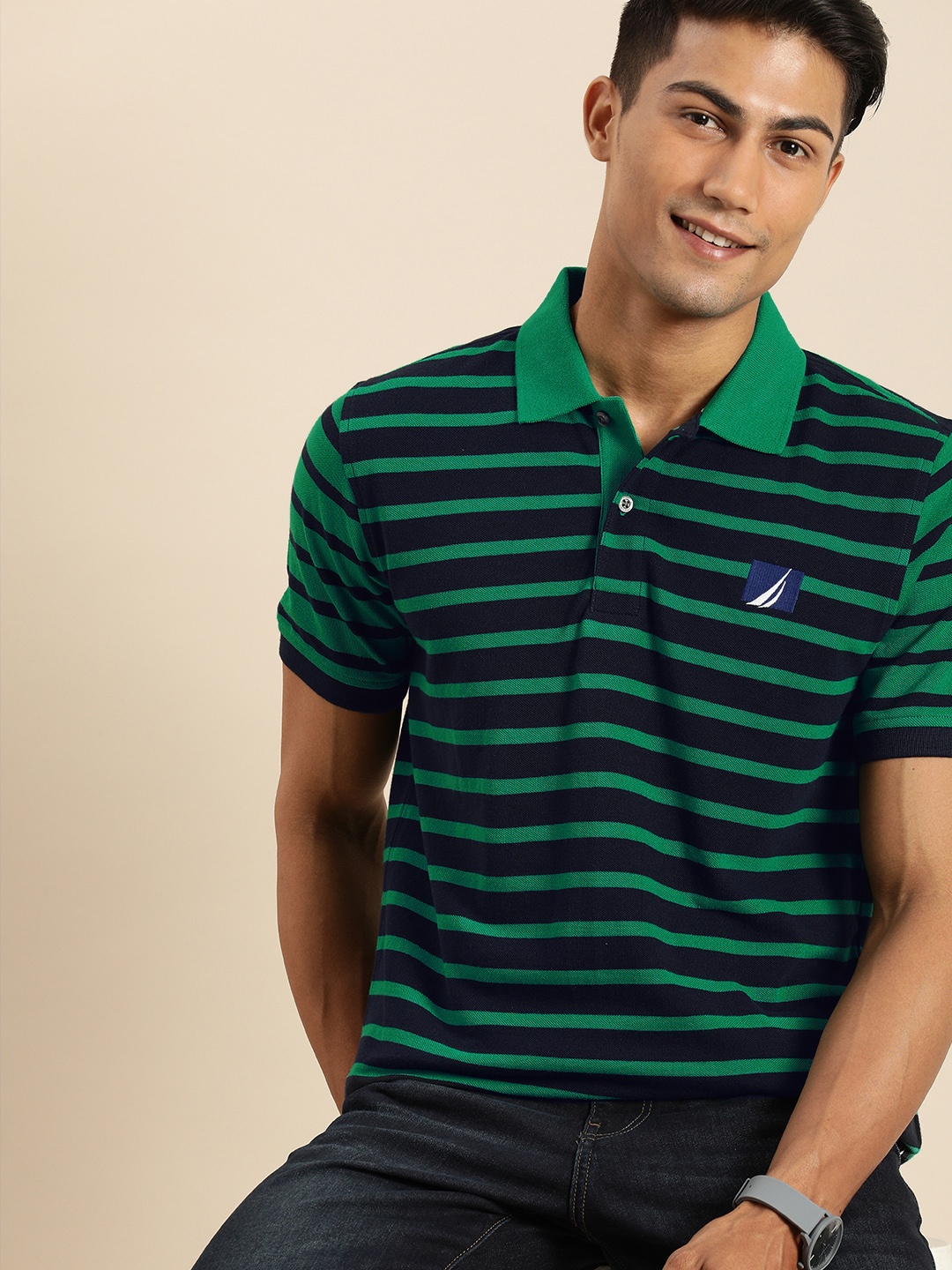 

Nautica Men Green & Navy Blue Striped Polo Collar Slim Fit Pure Cotton T-shirt
