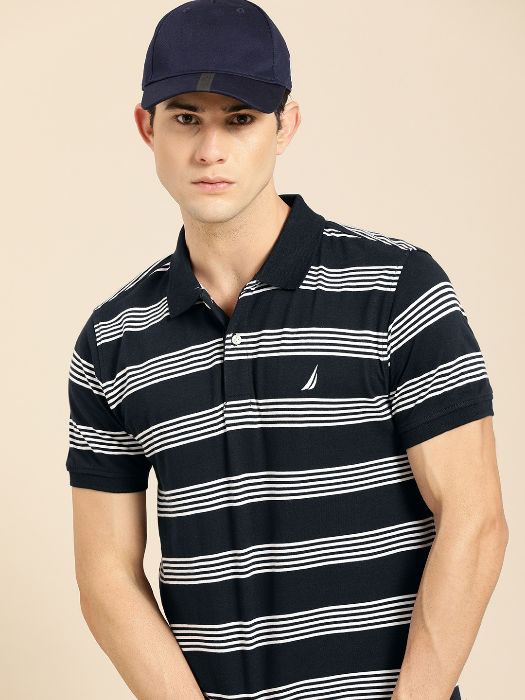 

Nautica Men Navy Blue & White Striped Polo Collar Embroidered Pure Cotton T-shirt