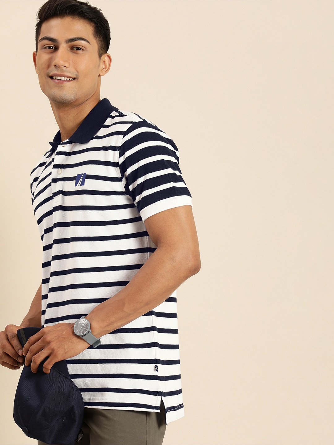 

Nautica Men White & Navy Blue Striped Polo Collar Slim Fit Pure Cotton T-shirt