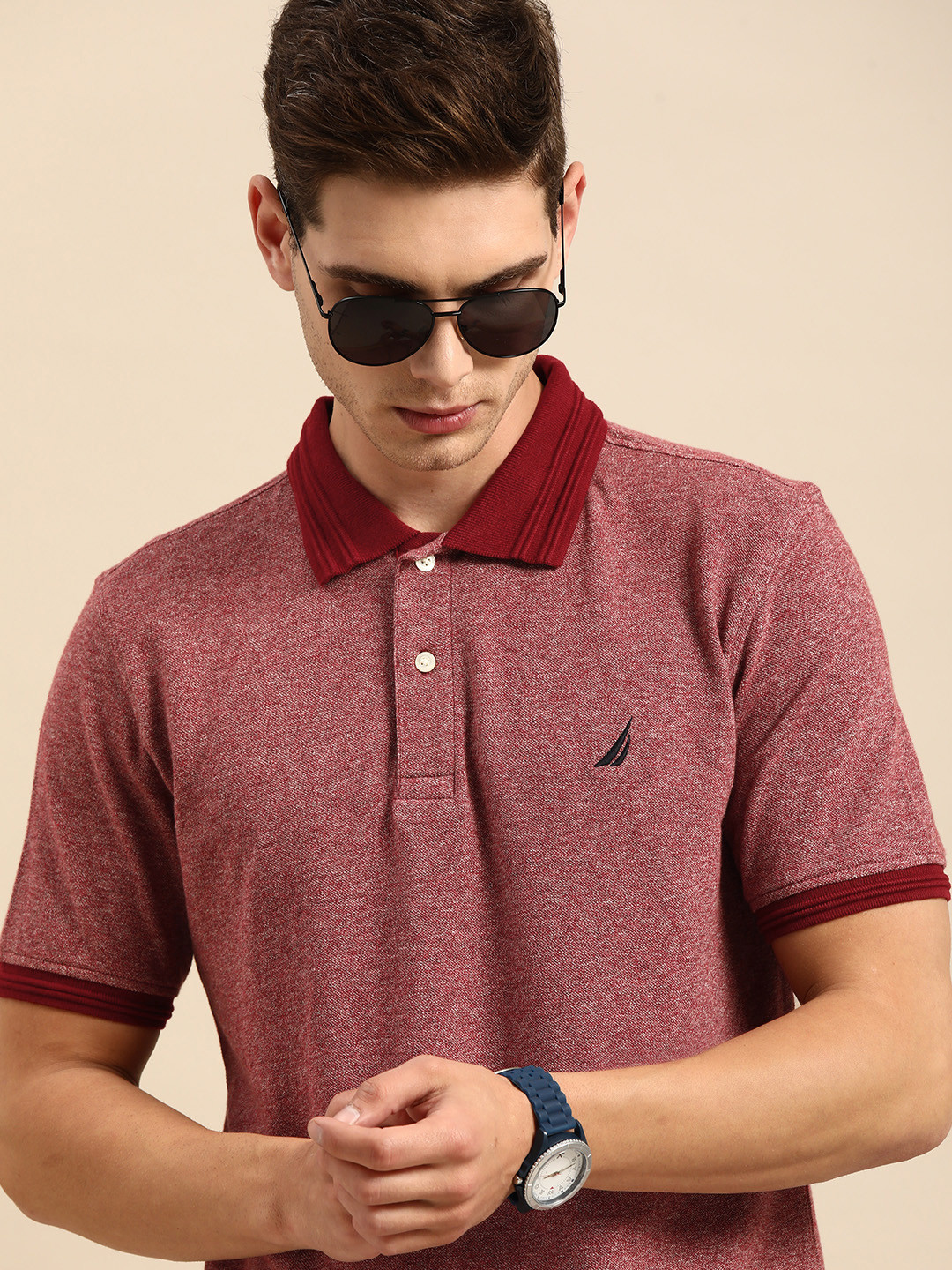 

Nautica Men Maroon Solid Pure Cotton Polo Collar T-shirt