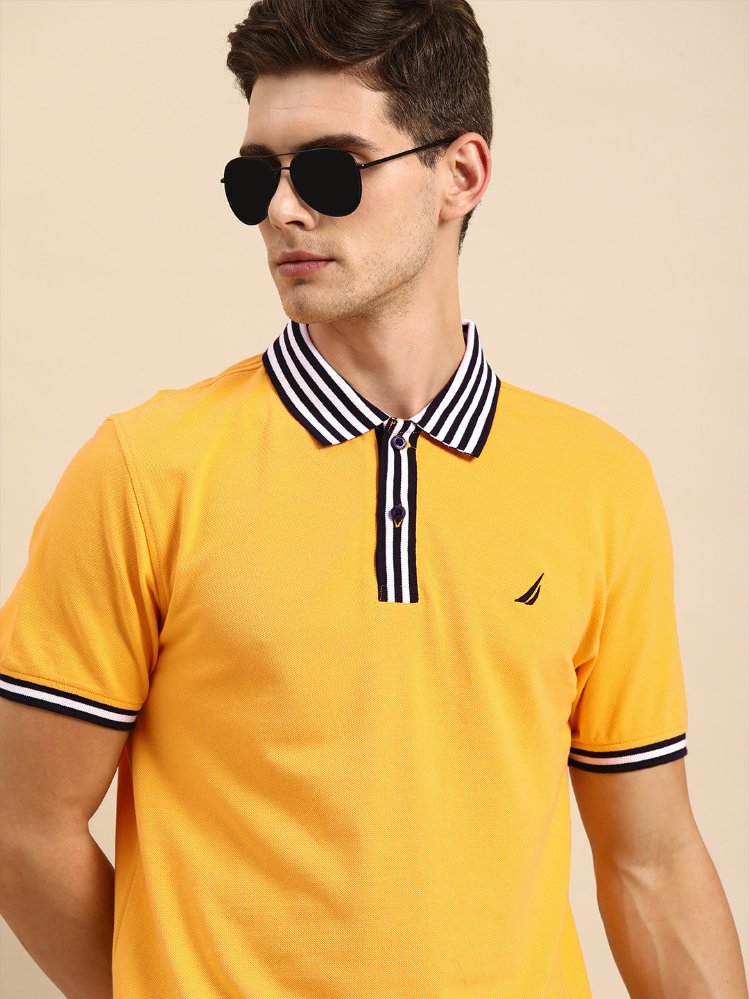 

Nautica Men Yellow Solid Polo Collar Pure Cotton T-shirt with Brand Logo Detail