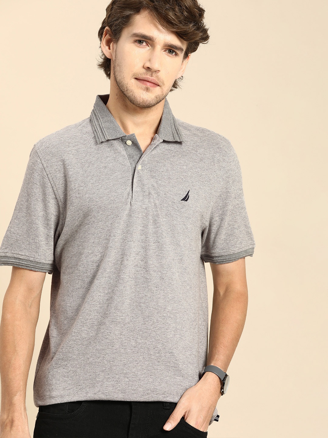 

Nautica Men Grey Solid Polo Collar Pure Cotton T-shirt