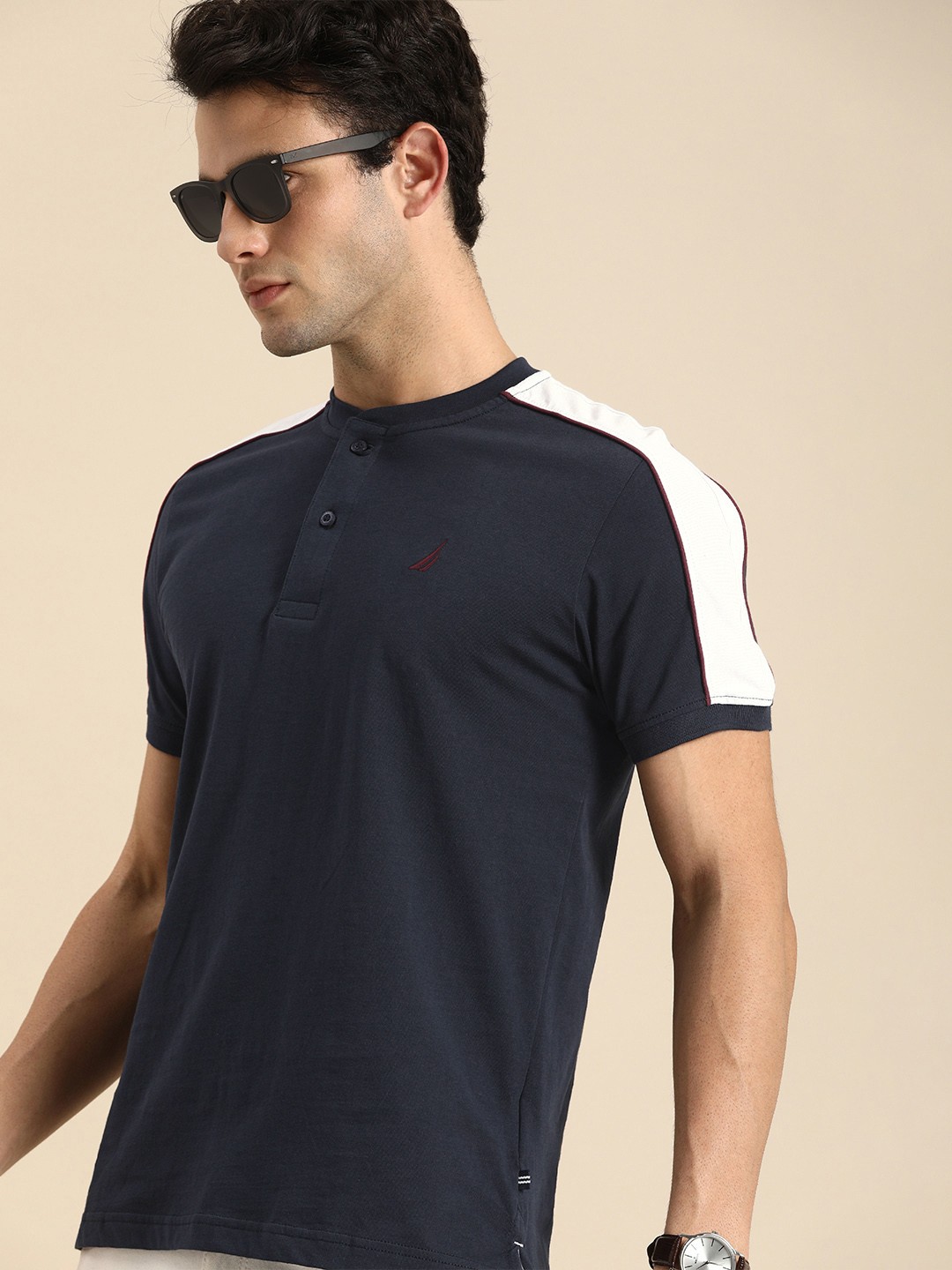 

Nautica Men Navy Blue Solid Henley Neck Pure Cotton T-shirt
