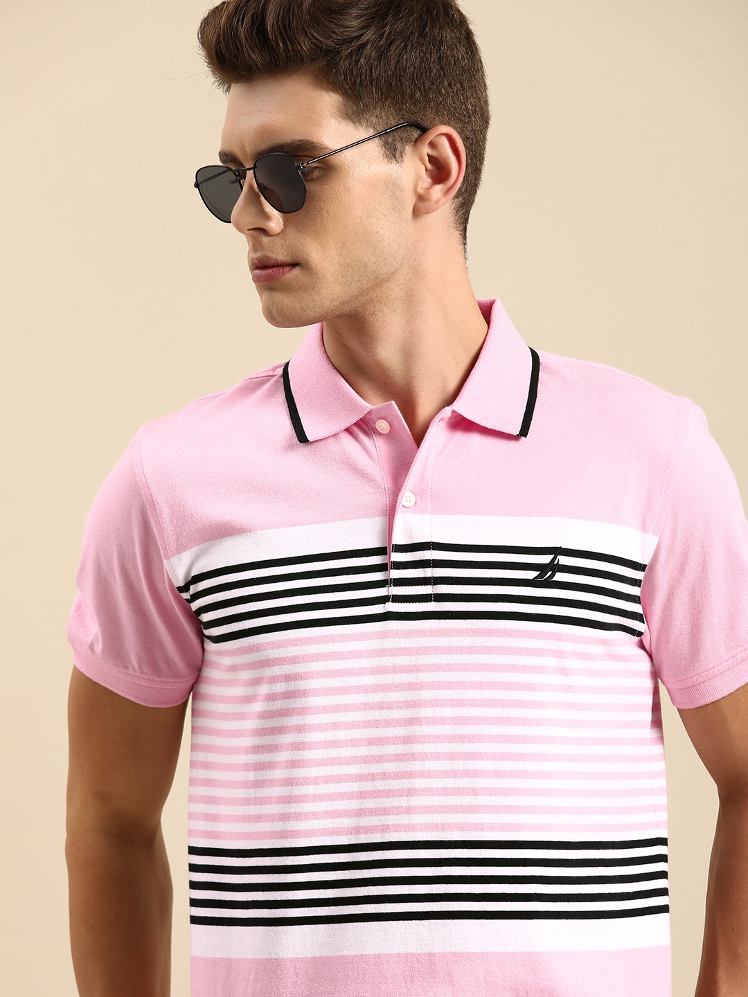 

Nautica Men Pink & White Striped Polo Collar Pure Cotton Casual T-shirt