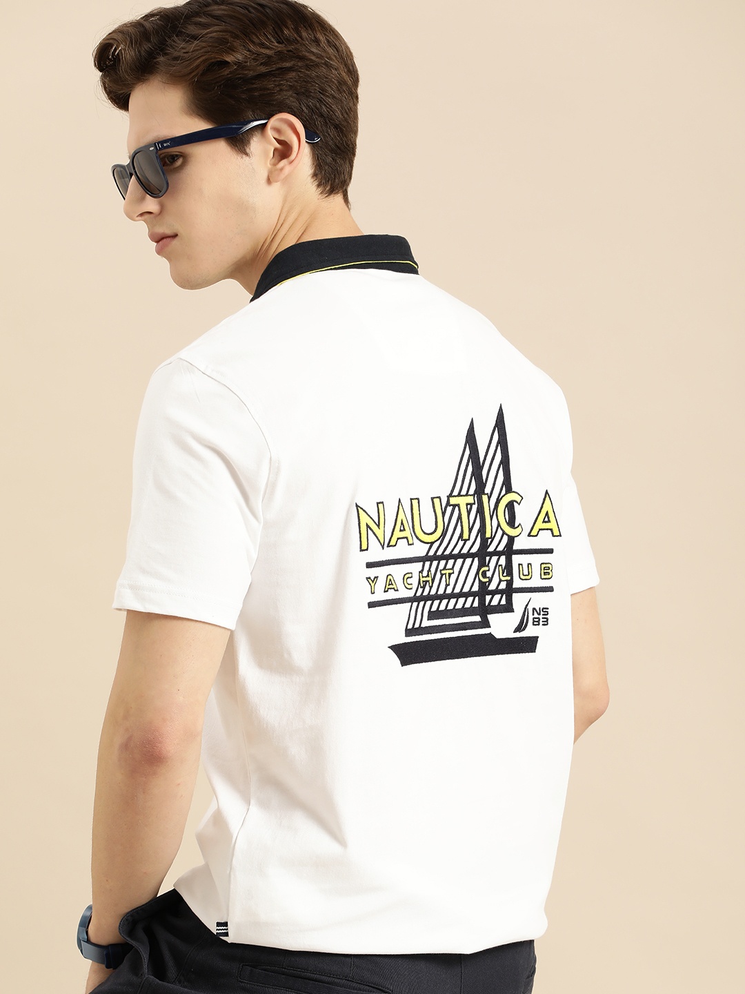 

Nautica Men White Brand Logo Self Design Polo Collar Pure Cotton T-shirt