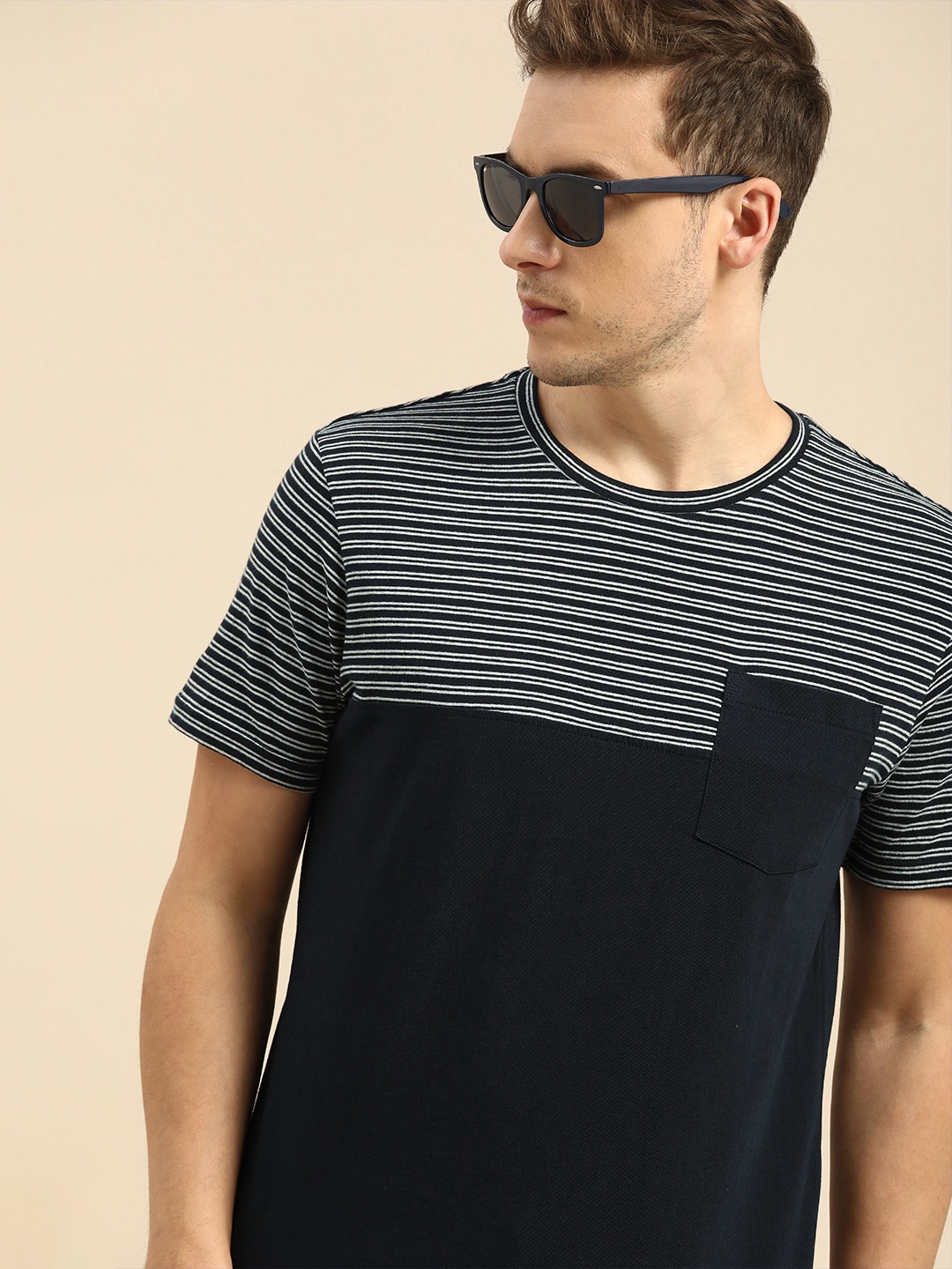 

Nautica Men Navy Blue & White Semi Striped Pure Cotton T-shirt with Pocket Detail