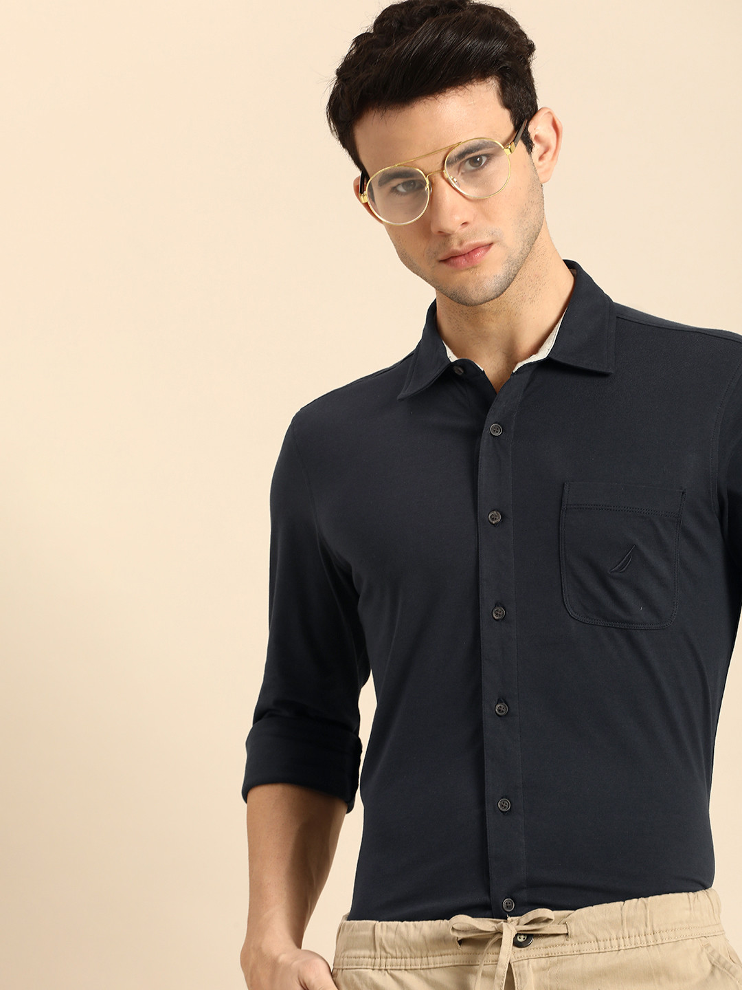 

Nautica Men Navy Blue Solid Slim Fit Casual Shirt