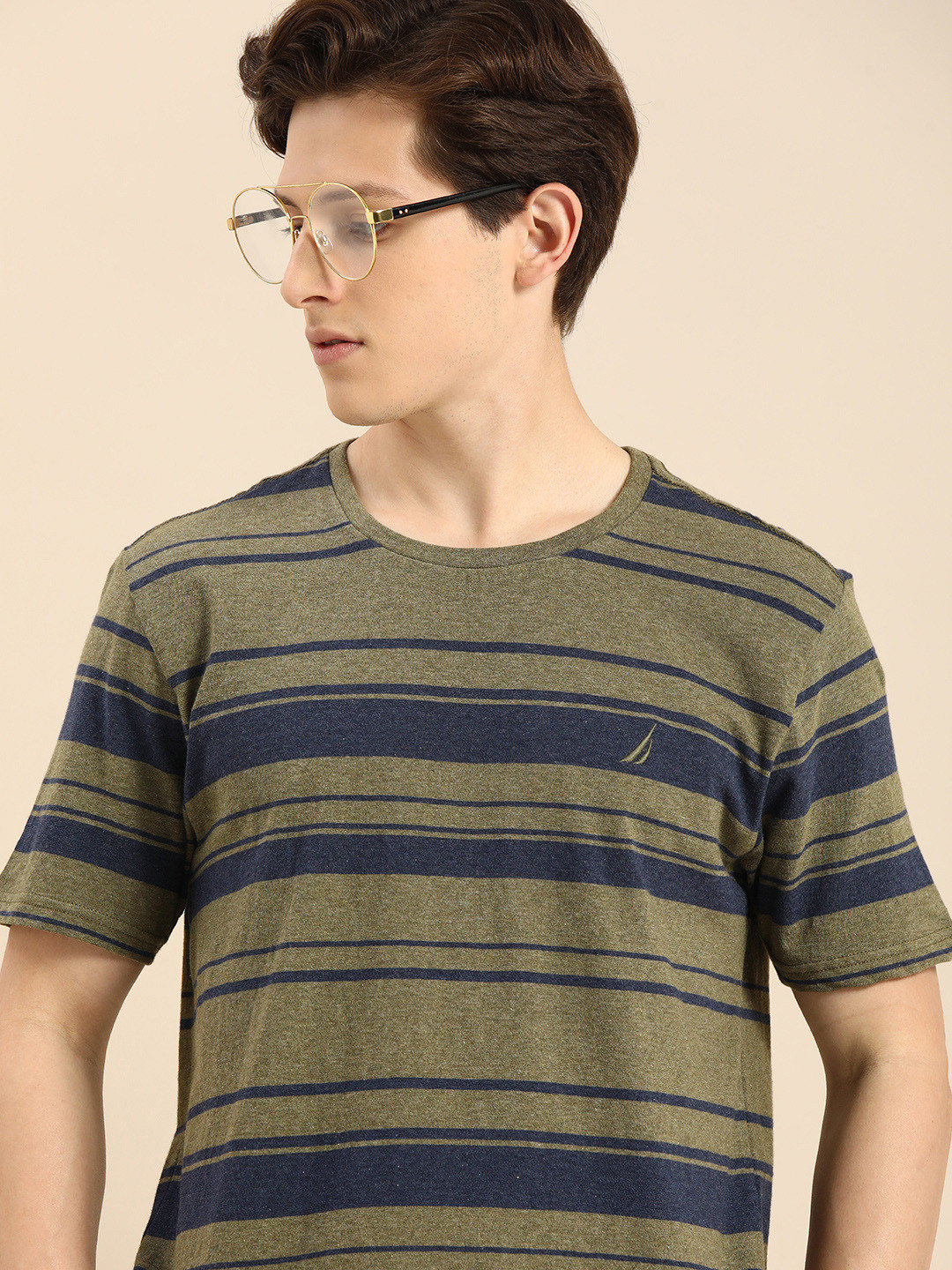 

Nautica Men Olive Green & Navy Blue Striped T-shirt