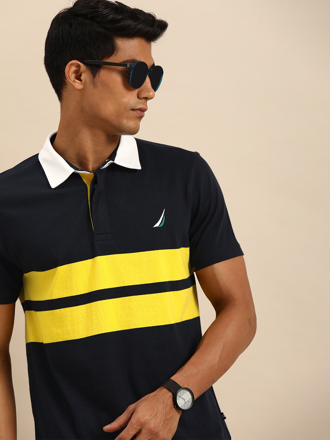 

Nautica Men Navy Blue & Yellow Striped Polo Collar Pure Cotton T-shirt