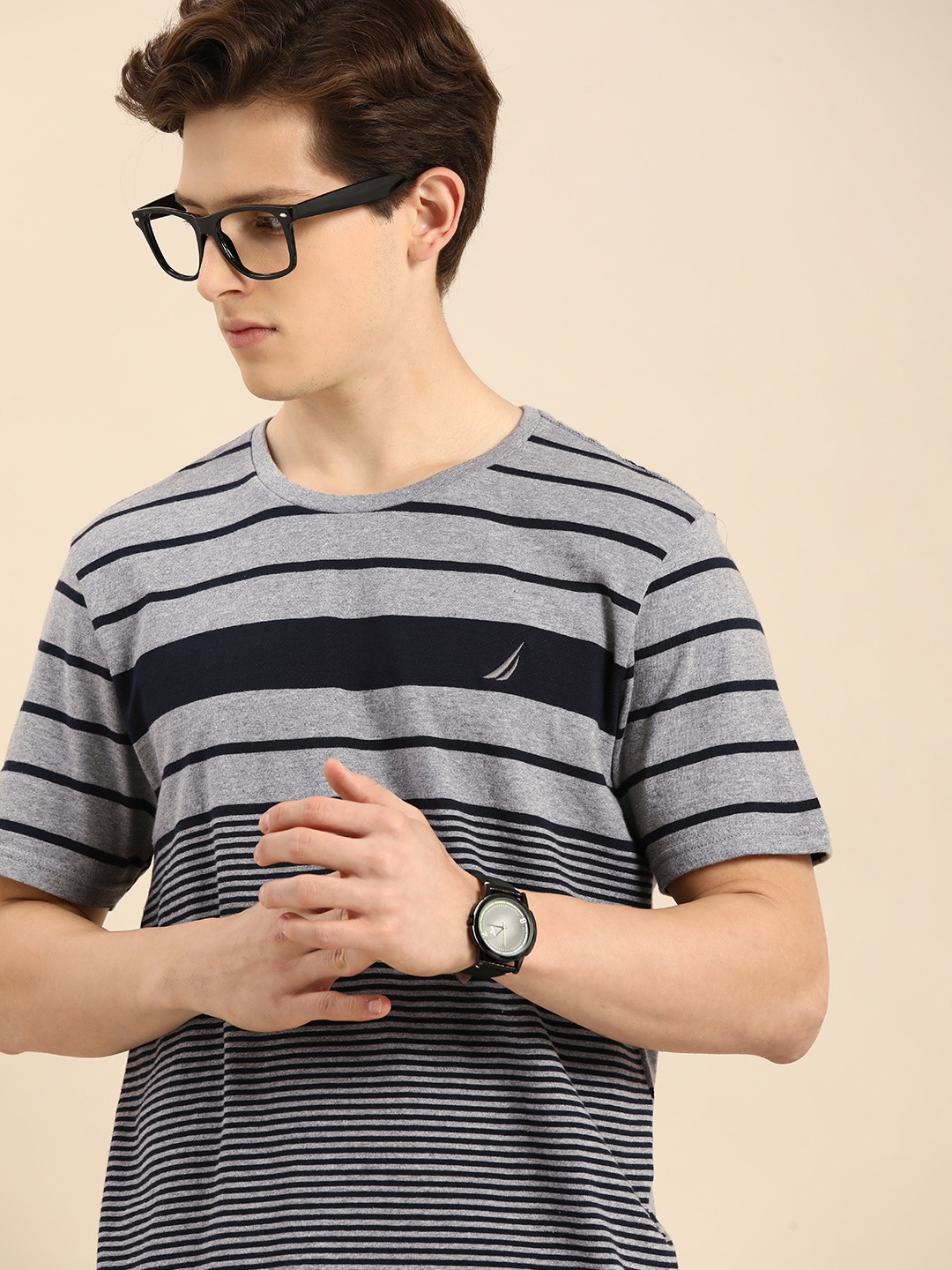 

Nautica Men Grey Melange & Navy Blue Striped T-shirt