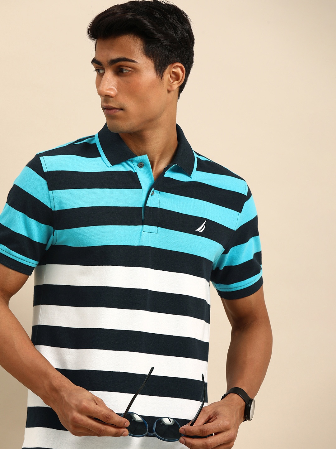 

Nautica Men Navy Blue & White Striped Polo Collar T-shirt