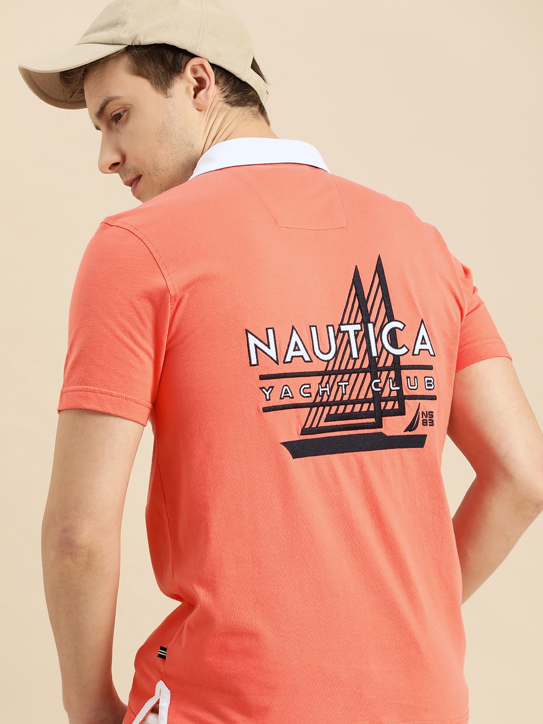 

Nautica Men Orange Brand Logo Embroidered Contrast Polo Collar Pure Cotton T-shirt