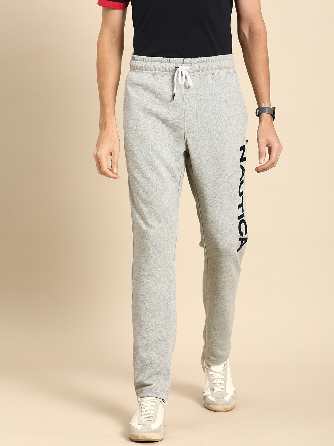 

Nautica Men Grey Melange Brand Logo Printed Track Pants