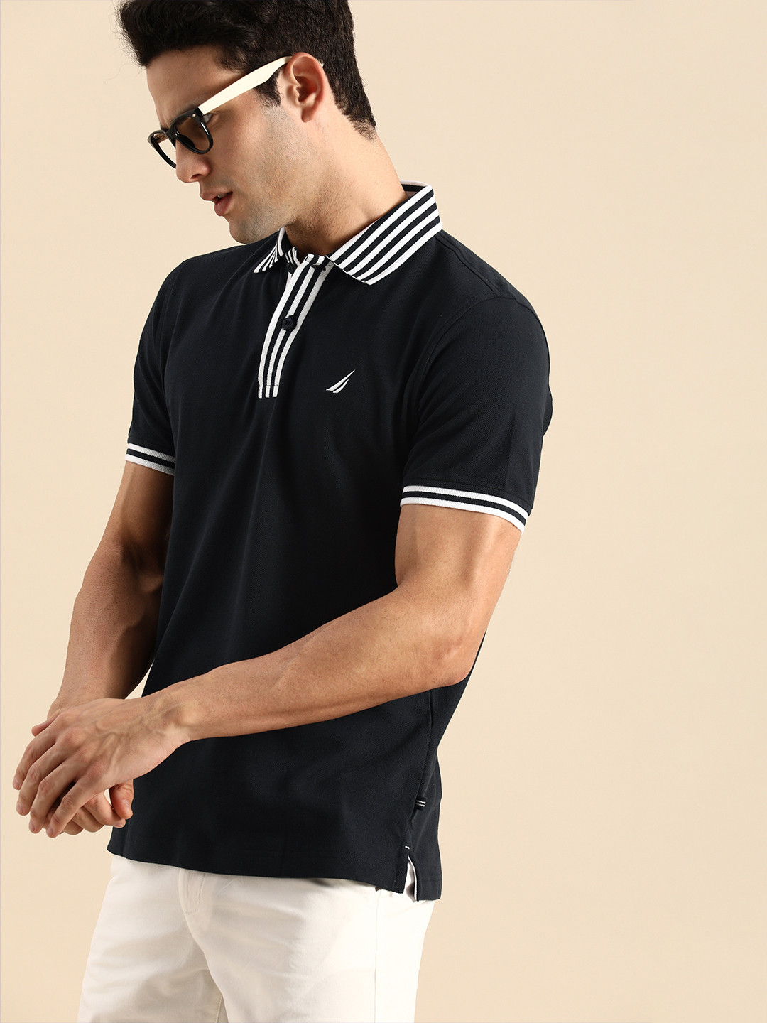 

Nautica Men Navy Blue & White Polo Collar T-shirt