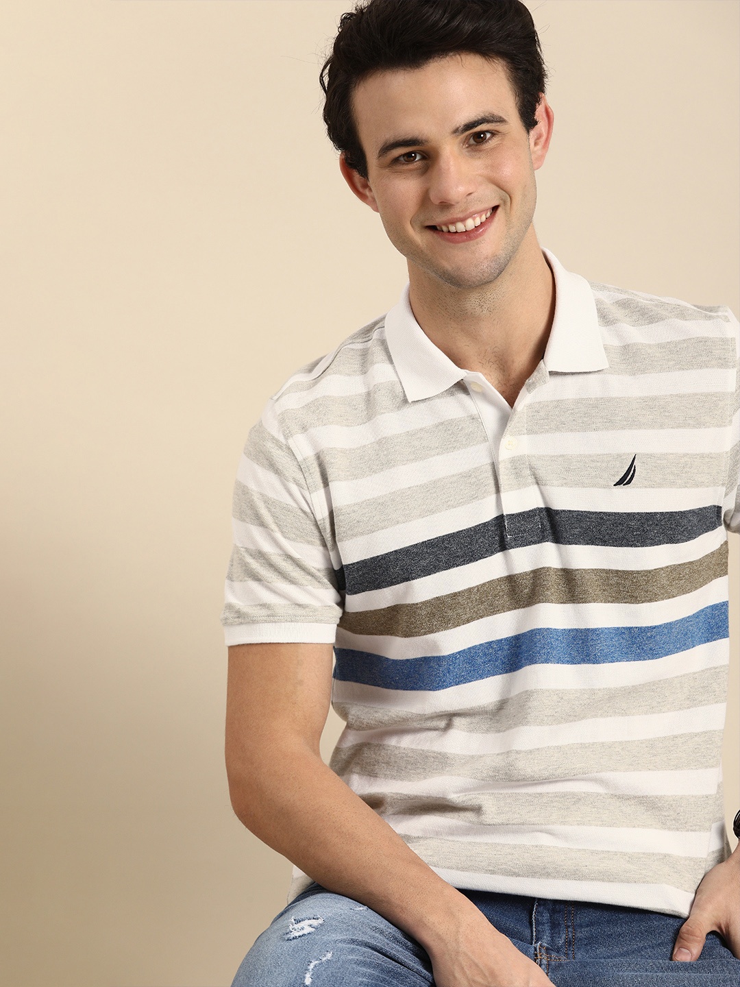 

Nautica Men Multicoloured Striped Polo Collar Pure Cotton T-shirt, Multi