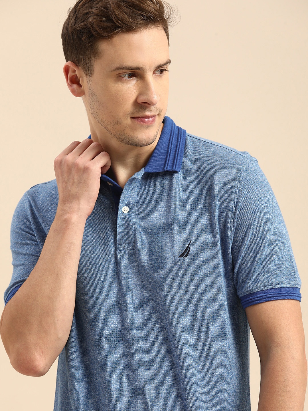 

Nautica Men Blue Solid Polo Collar Pure Cotton T-shirt