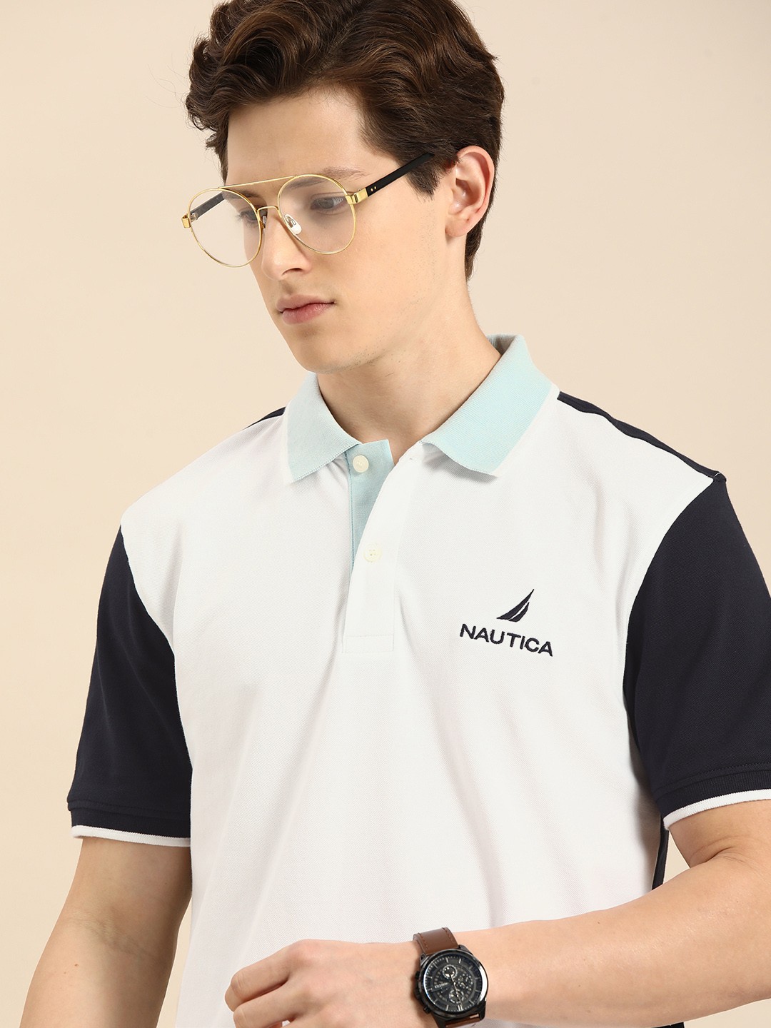 

Nautica Men White & Navy Blue Colourblocked Contrast Polo Collar T-shirt