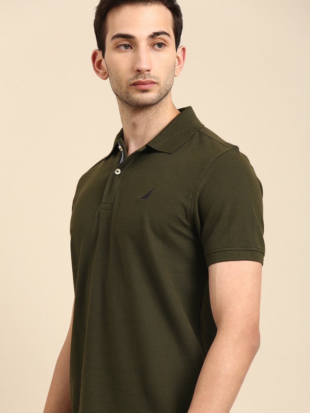 

Nautica Men Olive Green Polo Collar Cotton Pure Cotton T-shirt