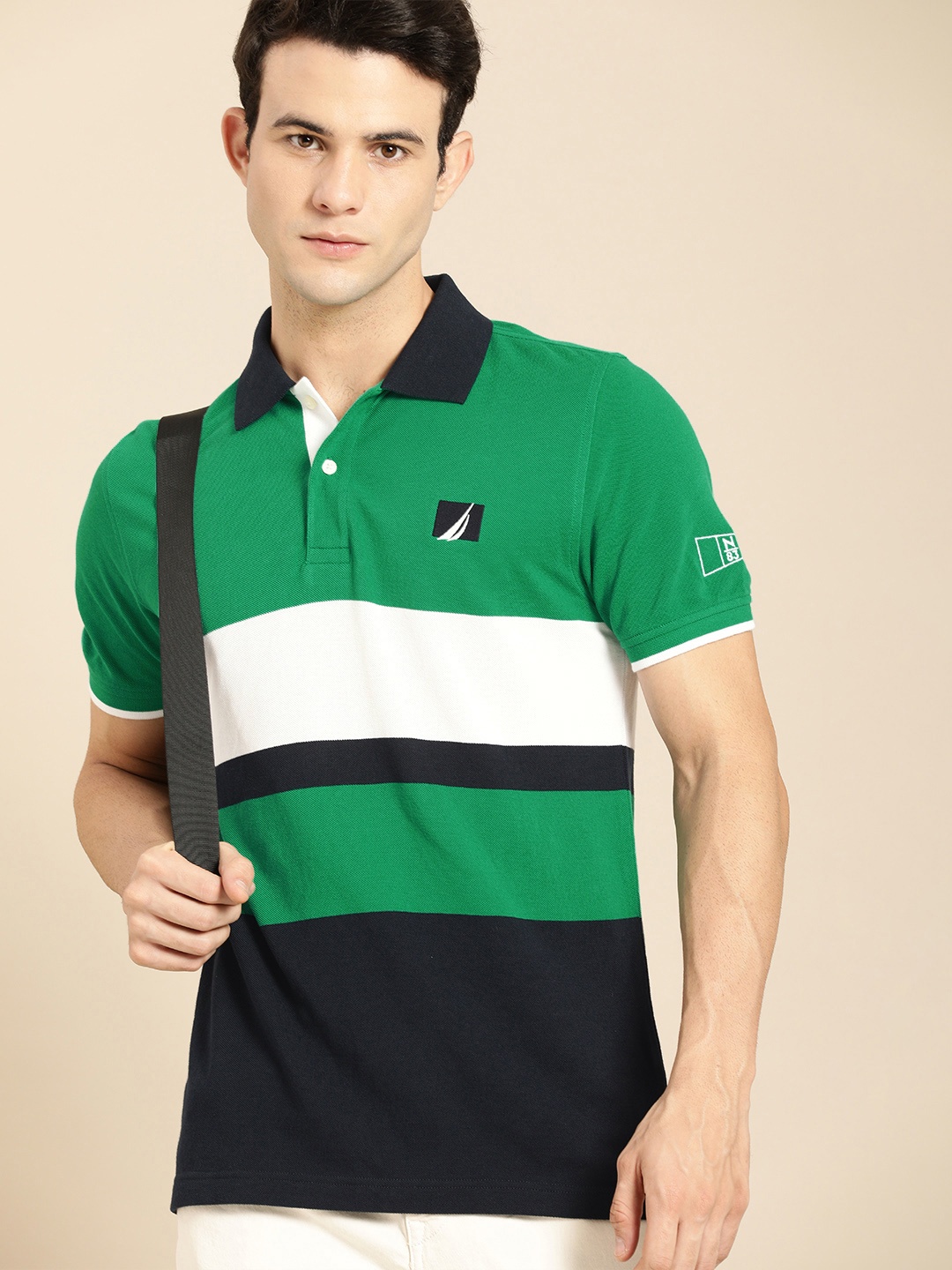 

Nautica Men Green & Navy Blue Colourblocked Polo Collar Pure Cotton Casual T-shirt