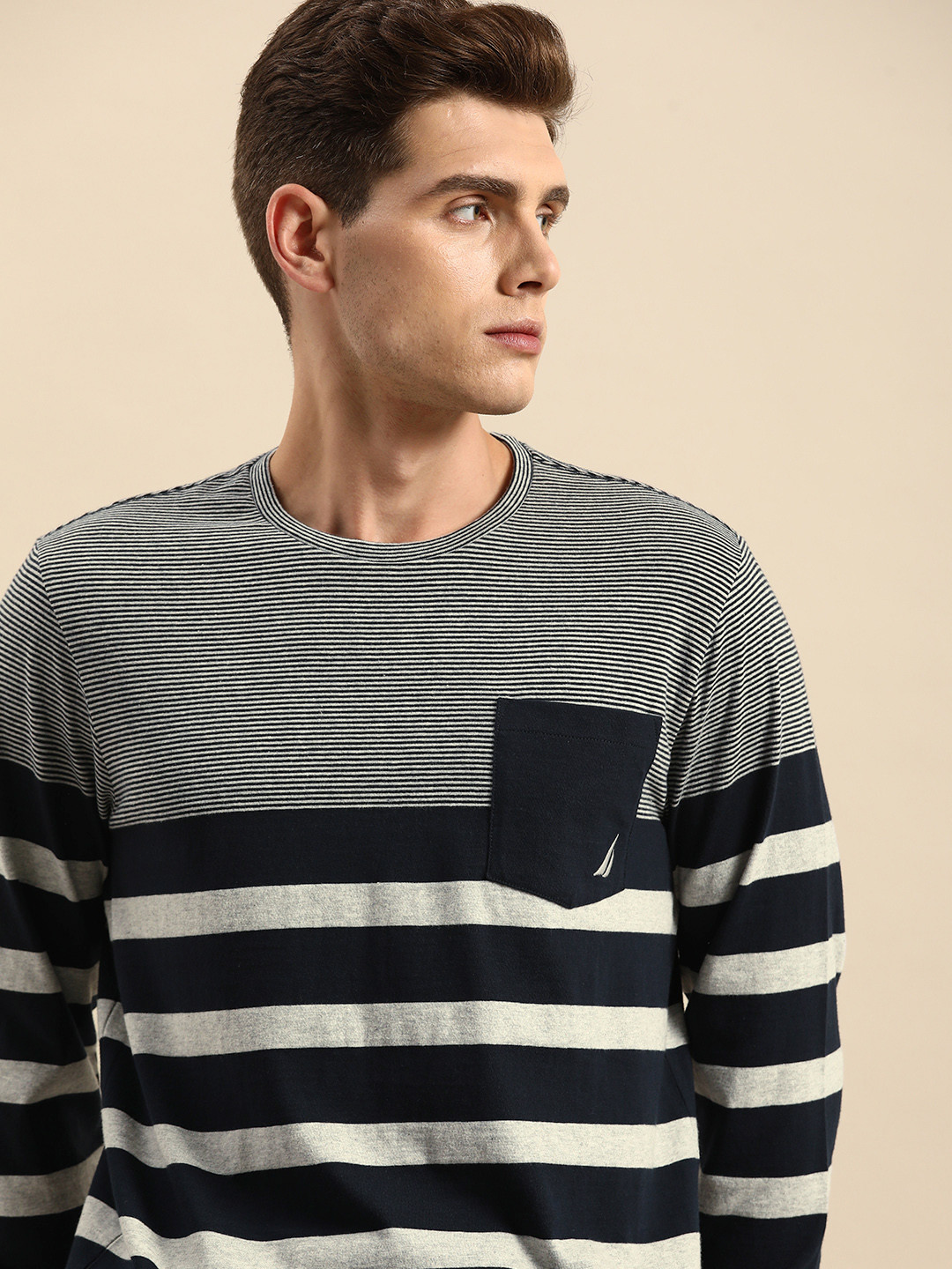 

Nautica Men Navy Blue & White Striped Round Neck Pure Cotton T-shirt with Pocket Detail