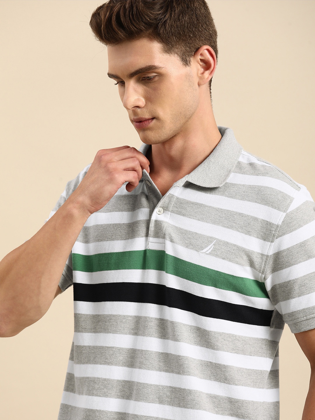 

Nautica Men Grey Melange & White Striped Polo Collar Pure Cotton Slim Fit T-shirt