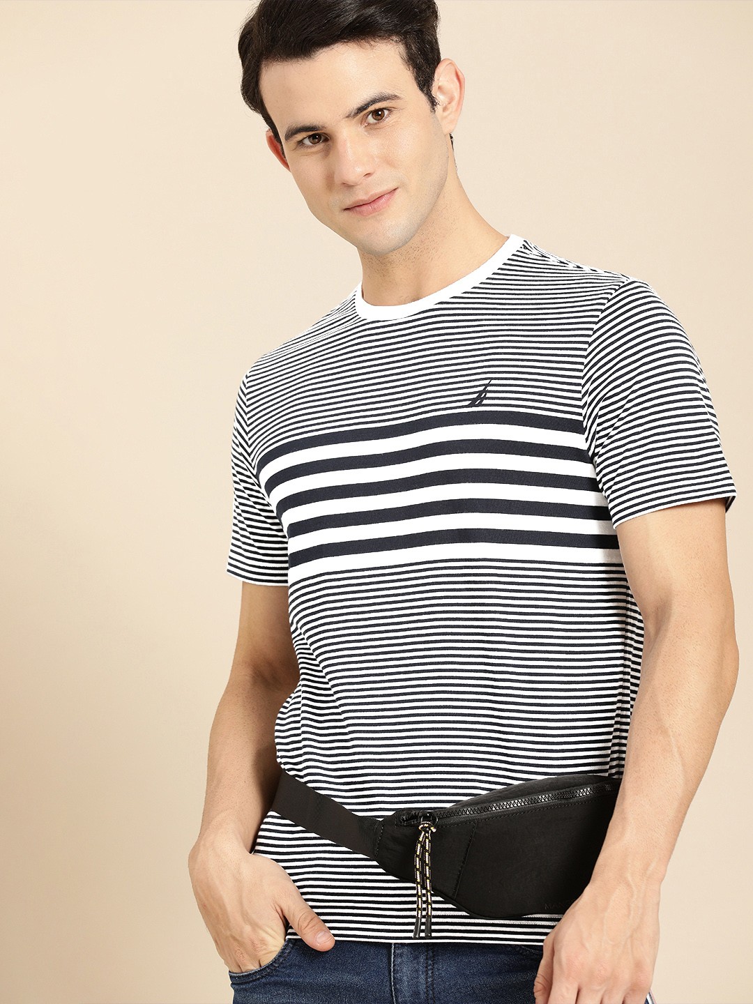 

Nautica Men Navy Blue & White Striped Round Neck Pure Cotton Casual T-shirt