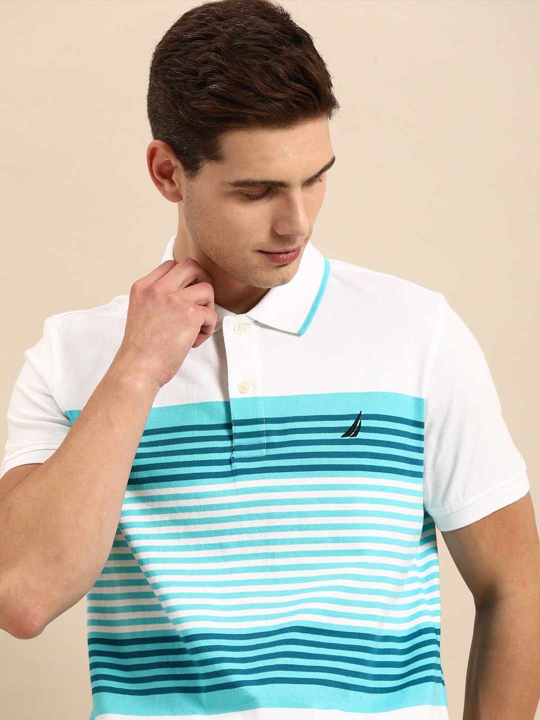 

Nautica Men White & Blue Striped Polo Collar Pure Cotton T-shirt
