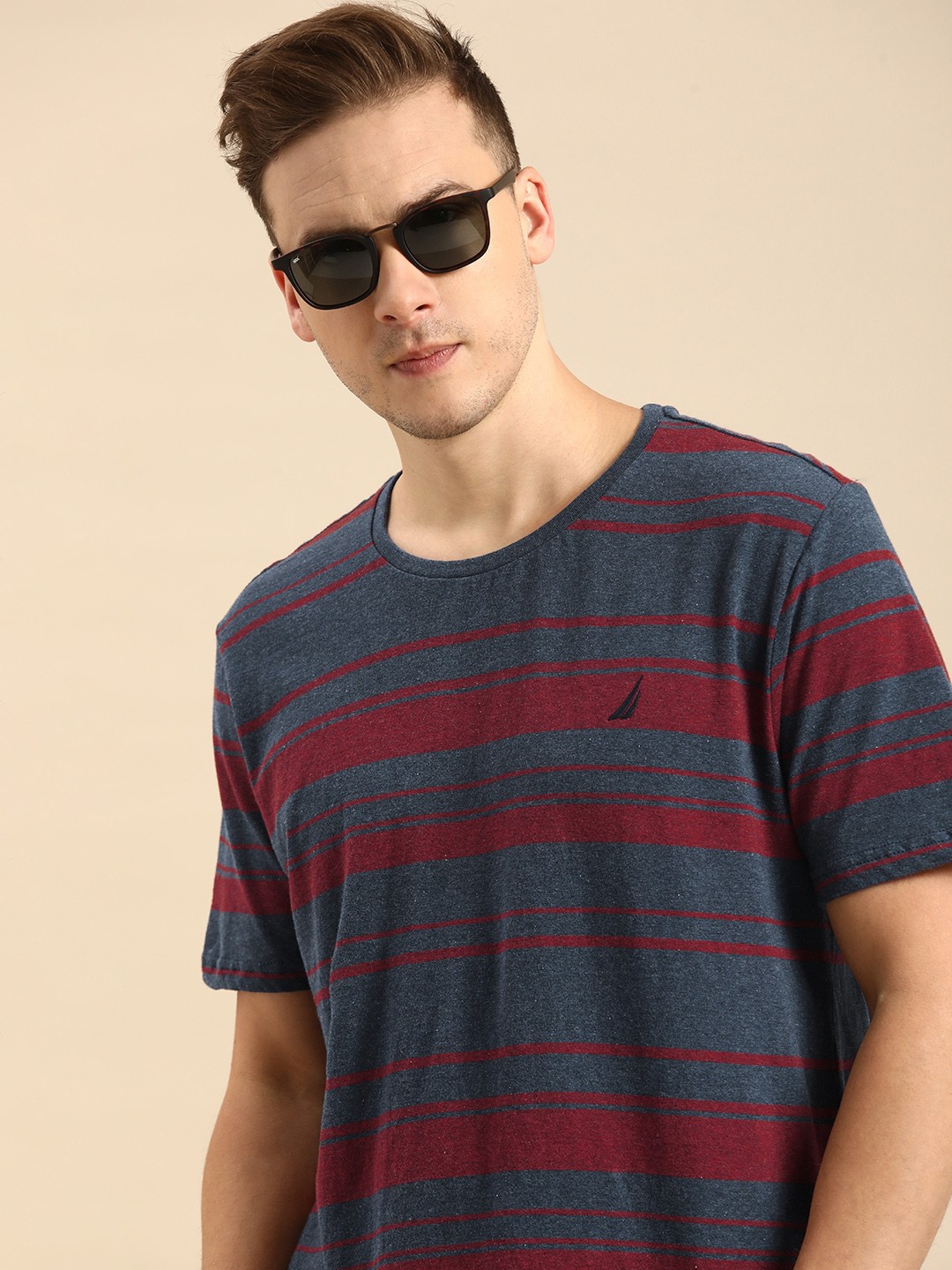 

Nautica Men Navy Blue & Maroon Striped Round Neck Embroidered Pure Cotton T-shirt