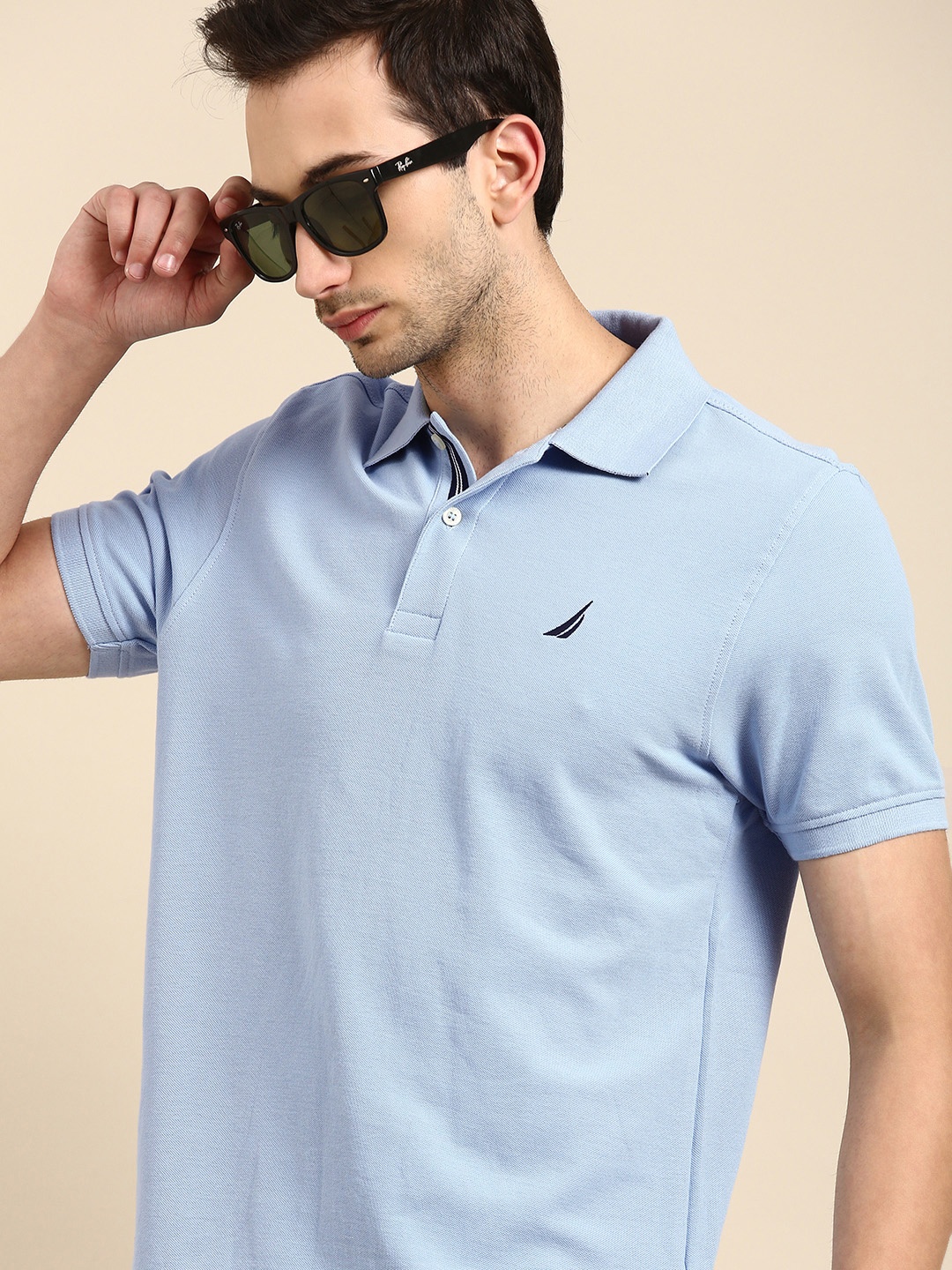 

Nautica Men Blue Solid Slim Fit Pure Cotton Polo Collar Pure Cotton T-shirt