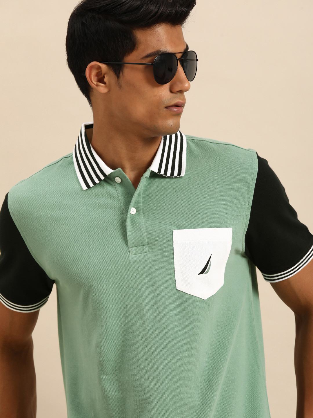 

Nautica Men Green & Black Solid Polo Collar Pockets Pure Cotton T-shirt