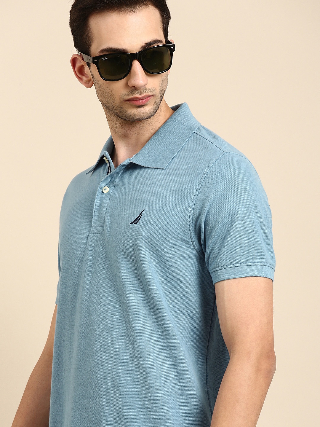 

Nautica Men Blue Solid Slim Fit Pure Cotton Polo Collar Pure Cotton T-shirt
