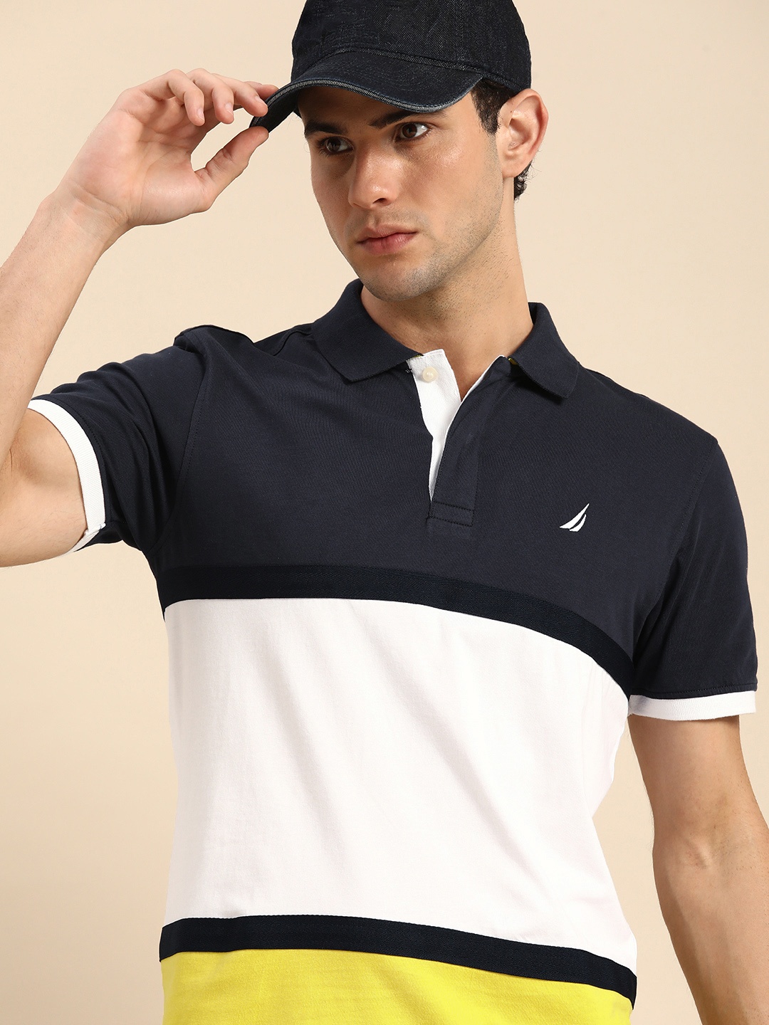 

Nautica Men Navy Blue & White Colourblocked Polo Collar Pure Cotton T-shirt