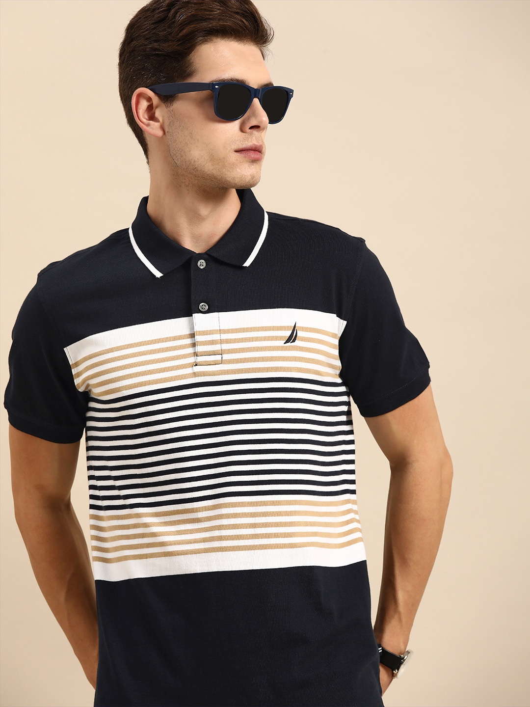 

Nautica Men Navy Blue & White Striped Polo Collar Pure Cotton T-shirt