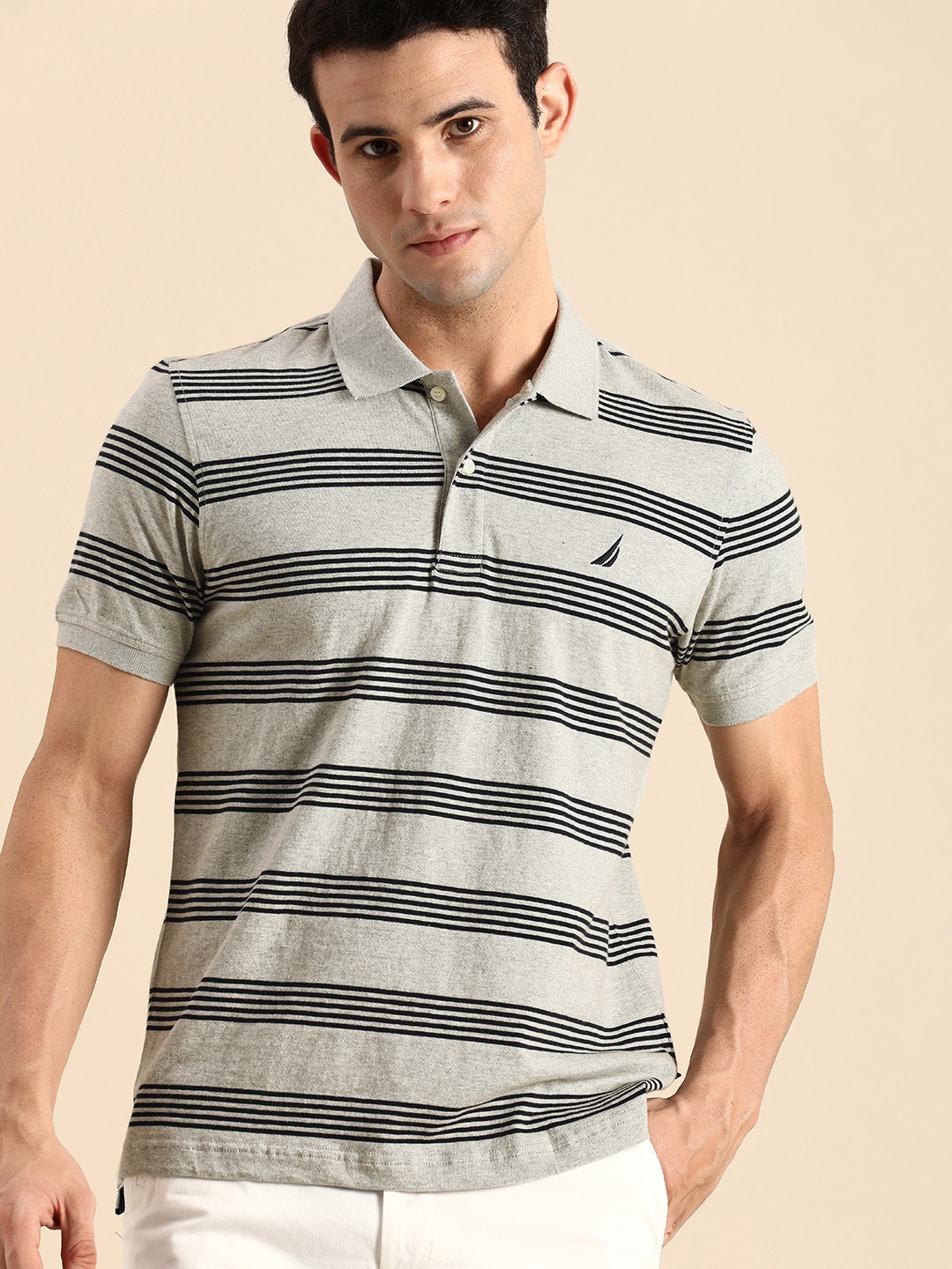 

Nautica Men Grey & Black Striped Polo Collar Pure Cotton T-shirt