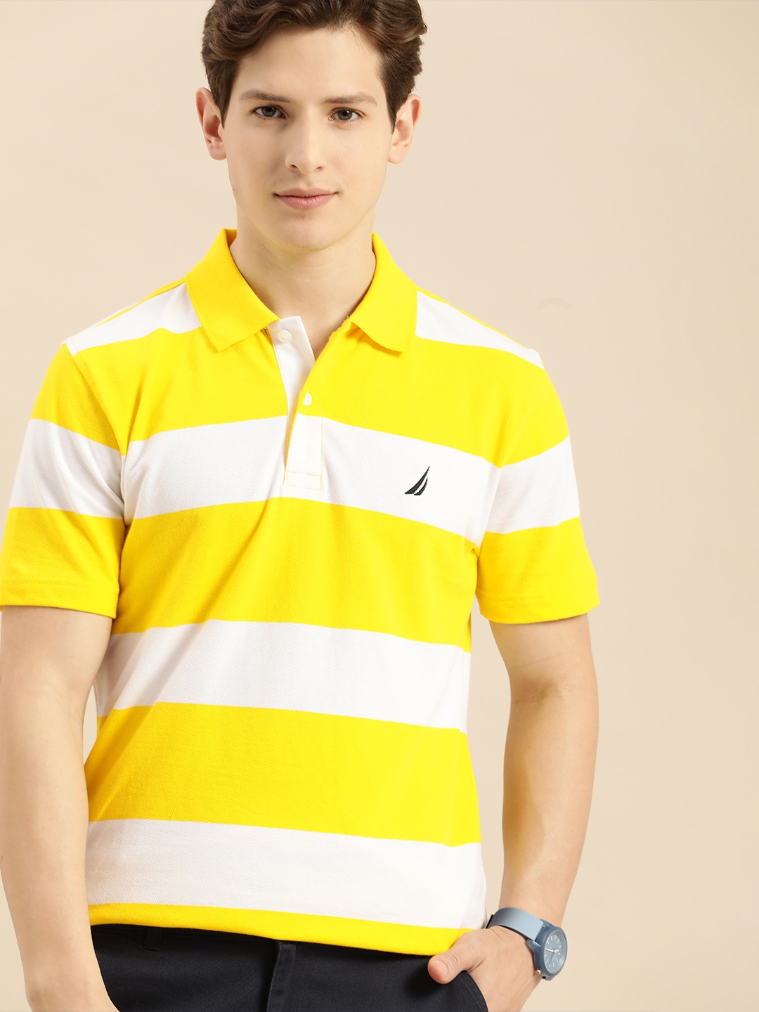 

Nautica Men White & Yellow Striped Polo Collar T-shirt