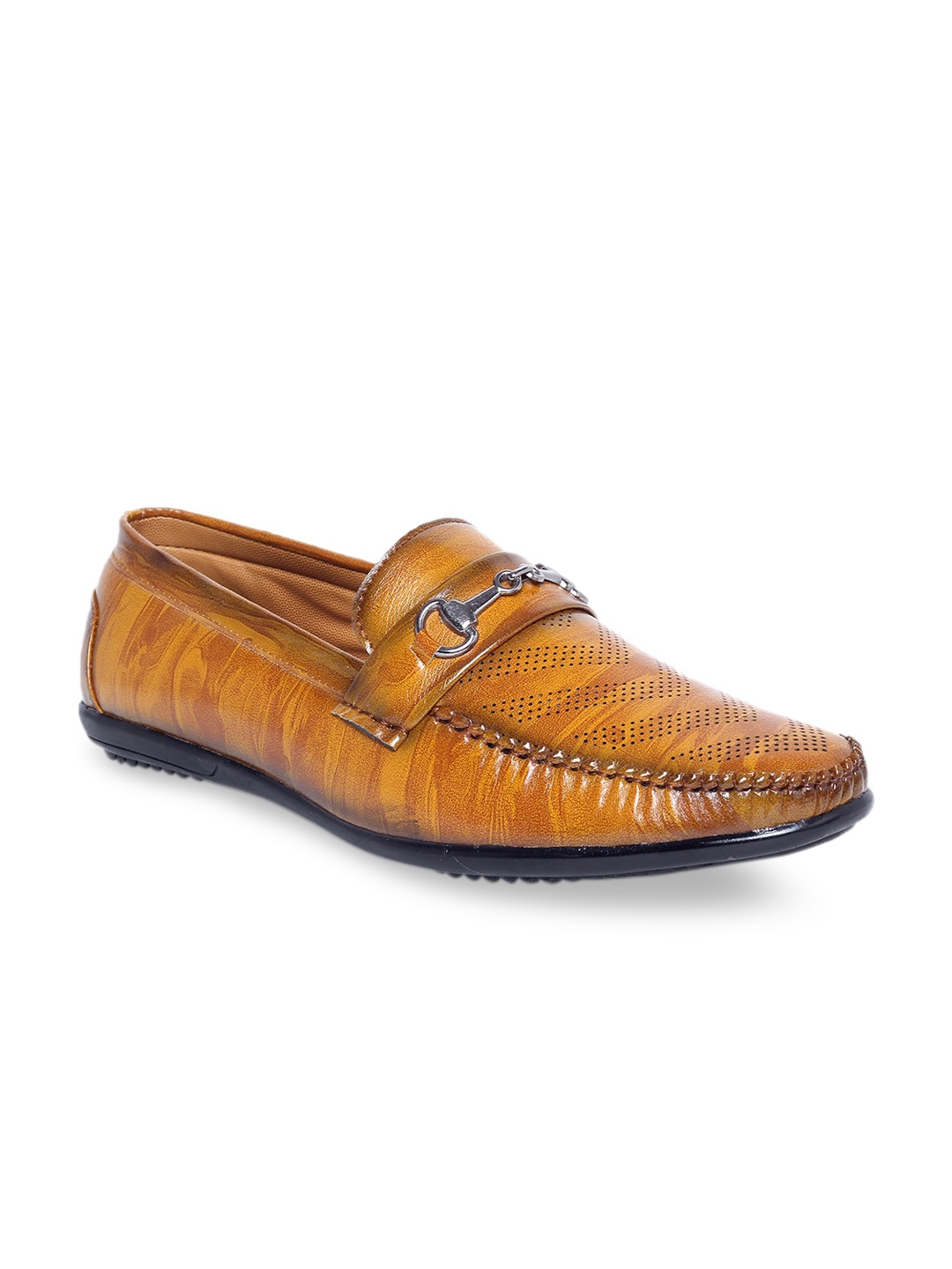 

MUTAQINOTI Men Tan Textured Patent Leather Loafers