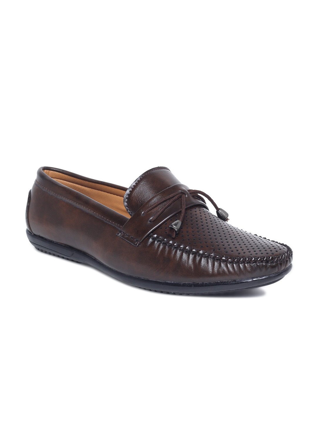 

MUTAQINOTI Men Brown Perforations Patent Leather Loafers