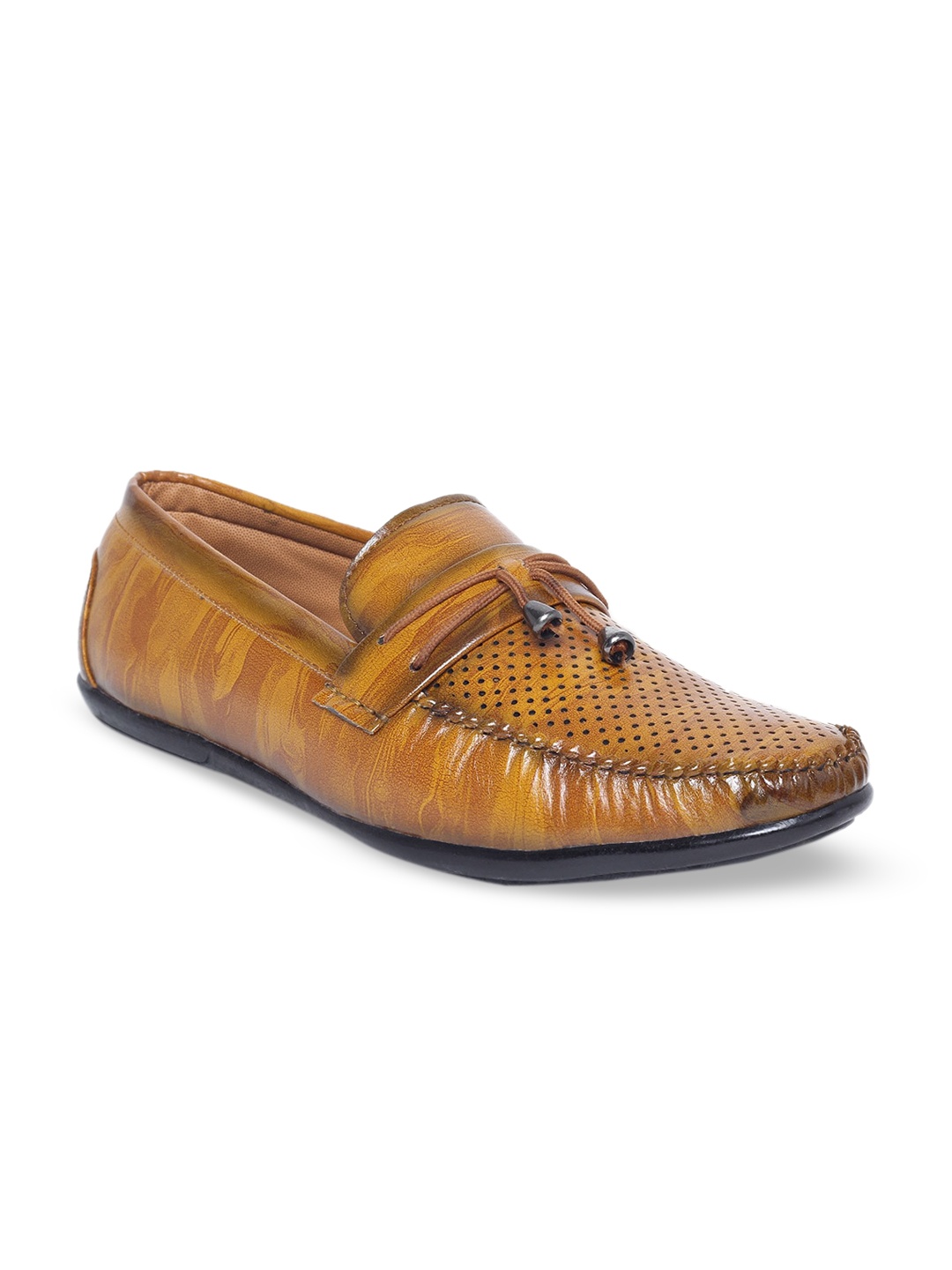 

MUTAQINOTI Men Tan Perforations Patent Leather Driving Shoes