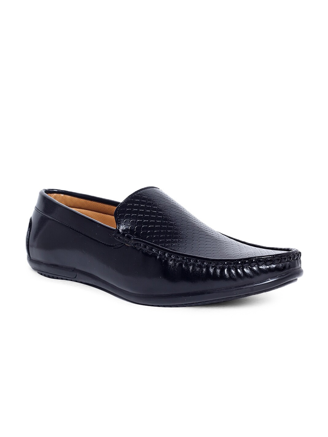 

MUTAQINOTI Men Black Textured Patent Leather Slip-On Loafers
