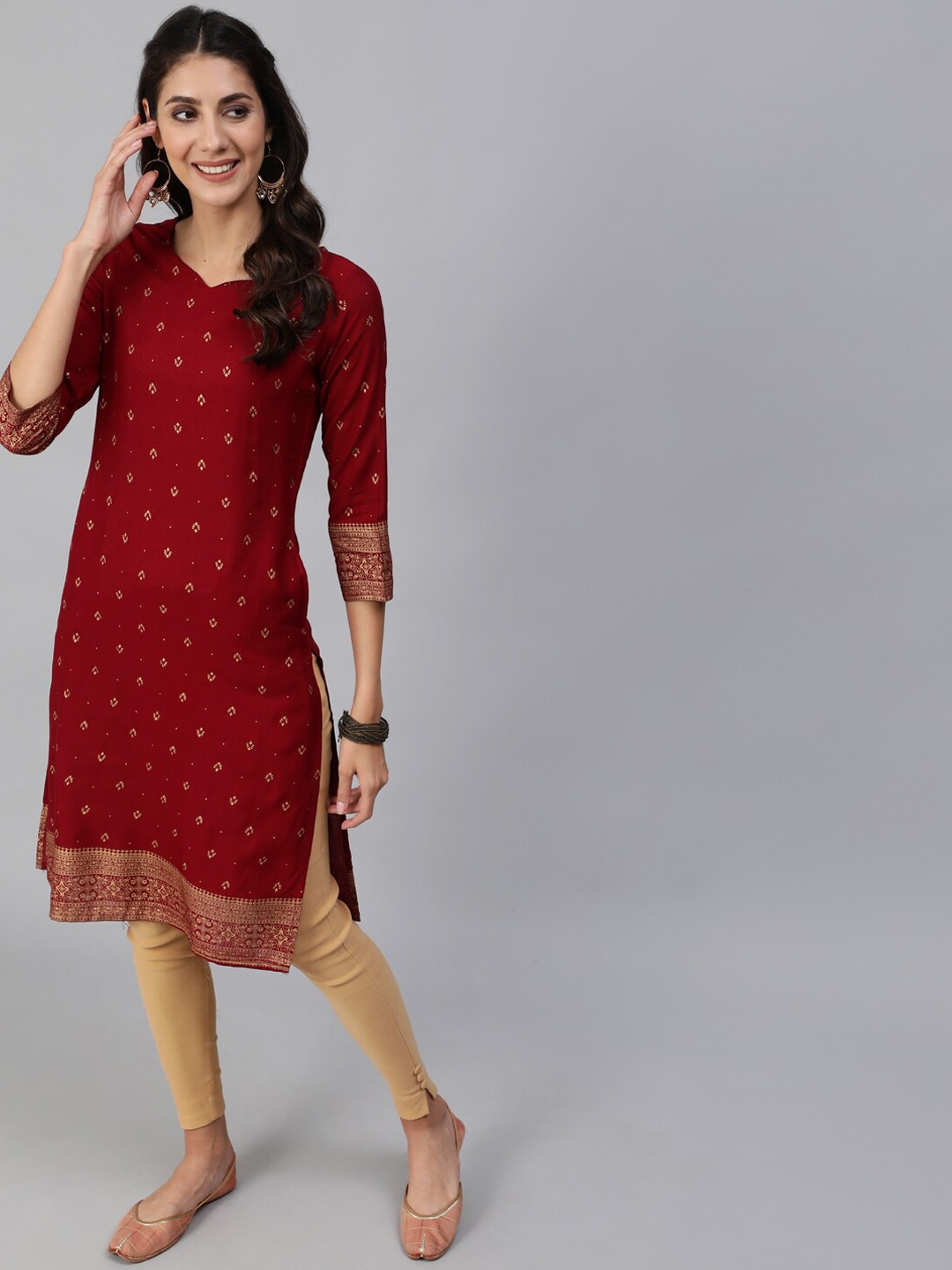

AASI - HOUSE OF NAYO Women Maroon & Gold-Toned Geometric Printed Kurta