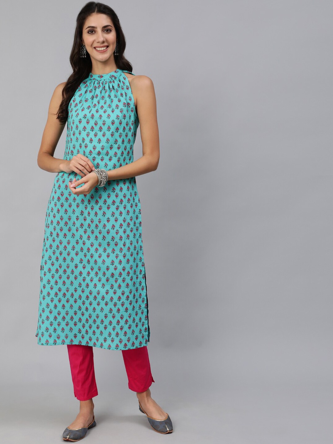 

AASI - HOUSE OF NAYO Women Turquoise Blue & Pink Ethnic Motifs Printed Halter Neck Kurta