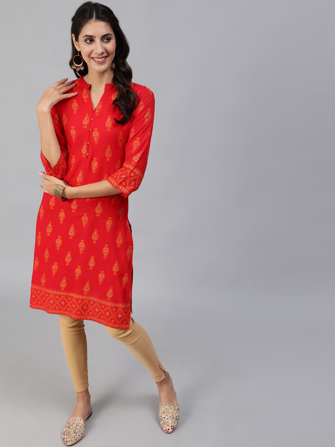 

AASI - HOUSE OF NAYO Women Red & Gold-Toned Ethnic Motifs Printed Kurta