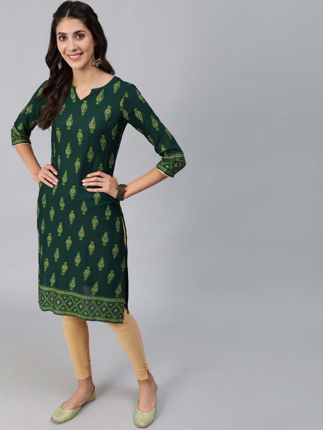 

AASI - HOUSE OF NAYO Women Green & Gold-Toned Ethnic Motifs Printed Kurta