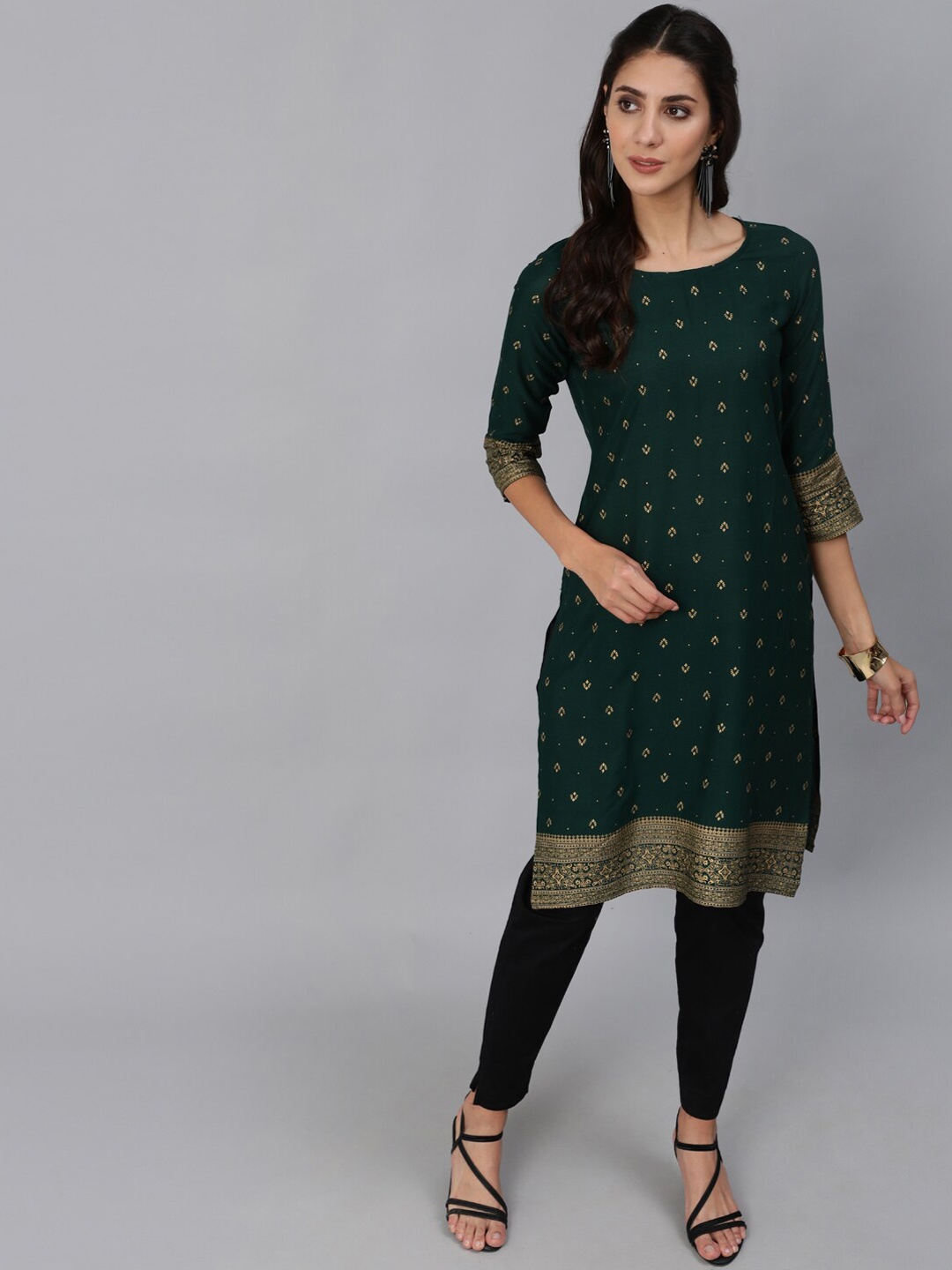 

AASI - HOUSE OF NAYO Women Green & Gold-Toned Ethnic Motifs Printed Kurta