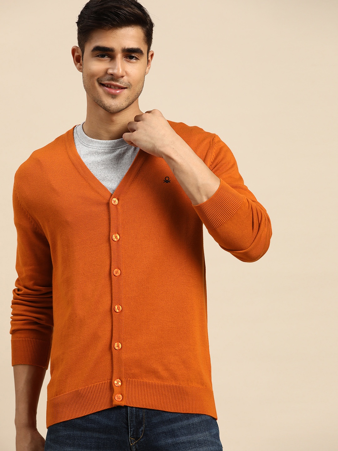 

United Colors of Benetton Men Rust Orange Solid Pure Cotton Cardigan