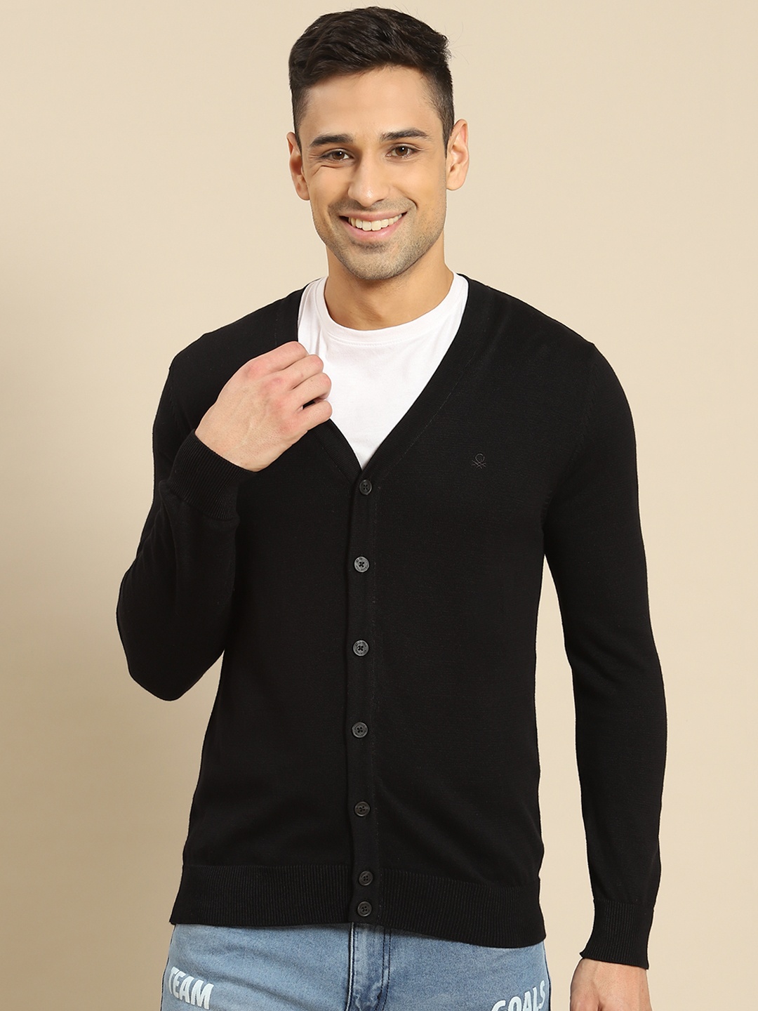 

United Colors of Benetton Men Black Pure Cotton Solid Cardigan