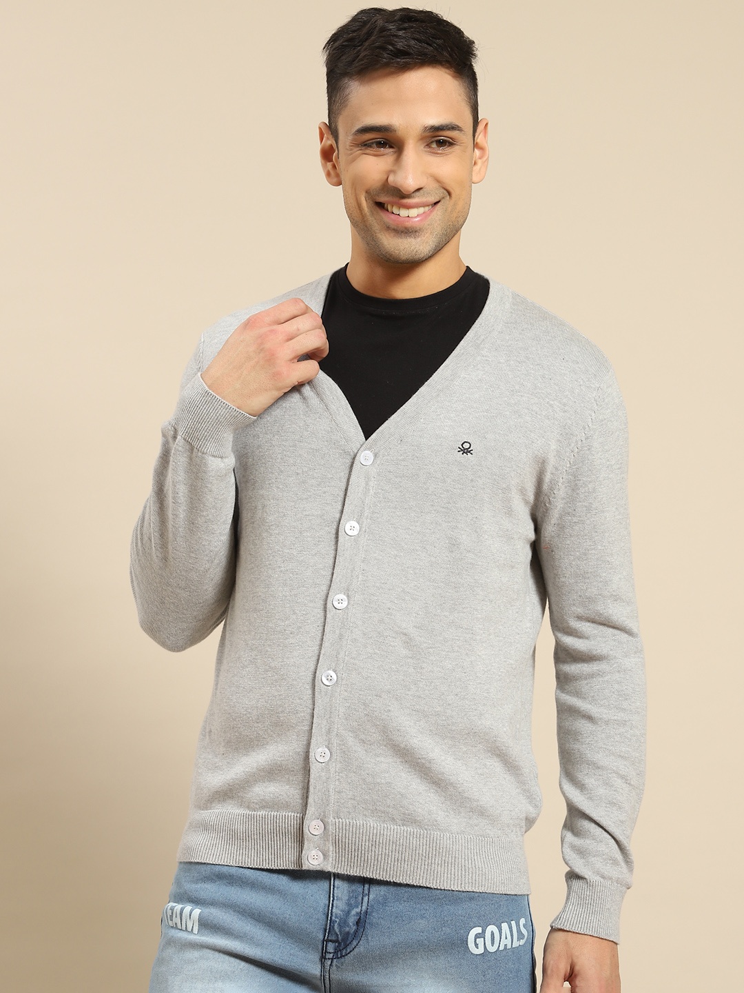 

United Colors of Benetton Men Grey Melange Solid Pure Cotton Cardigan