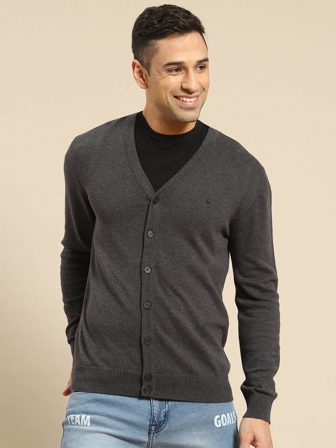 

United Colors of Benetton Men Charcoal Grey Solid Pure Cotton Cardigan